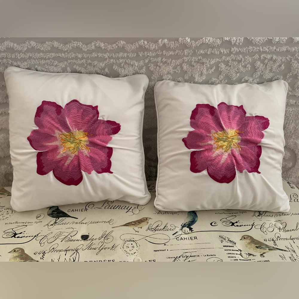 Indigo Home 2 Feather Pillows: White, Embroidered Magenta Flowers, Zip Close
